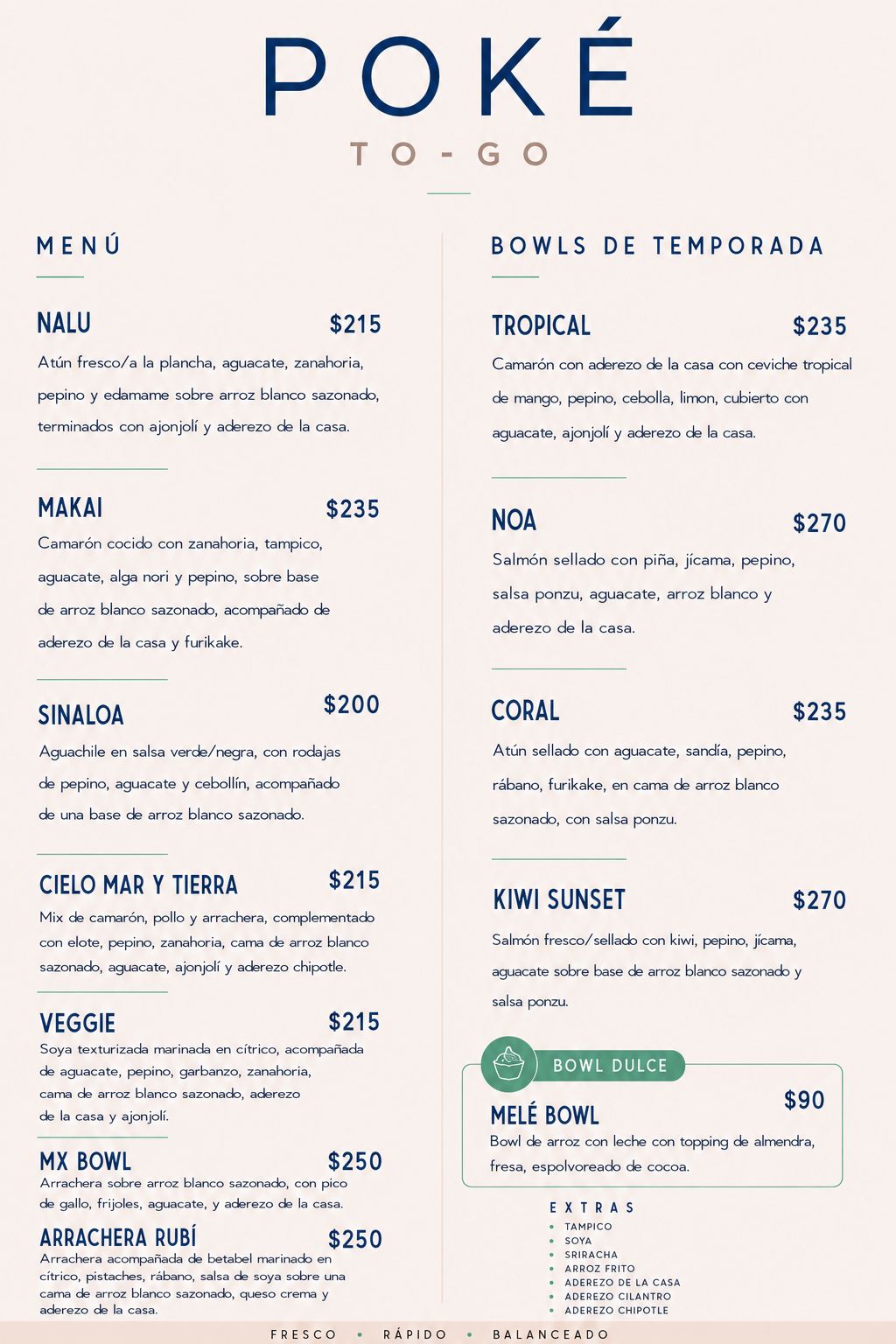 Menú de Poke to Go — poke bowls de fusión